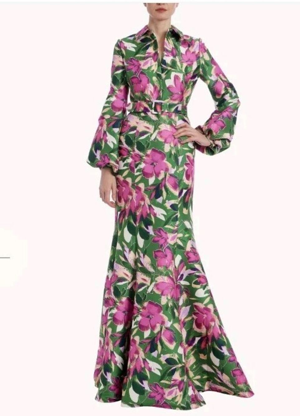 NWT $915 Badgley Mischka Mikado Mermaid Floral Print Shirt Belted Gown Dress Sz4